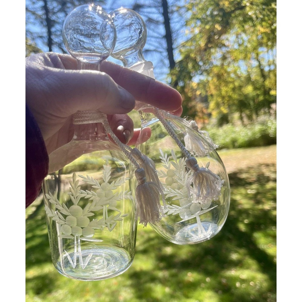 Two Delicate-Clear Etched Glass with Bubble Top Stopper Window Sunshine Decor